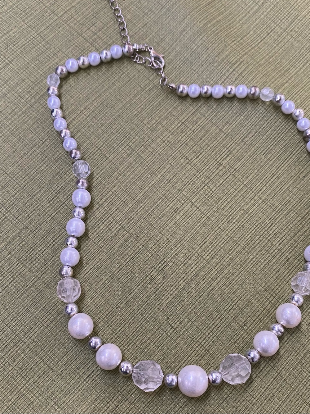 Pearl and Crystal Bead Necklace in White with Silver Accents